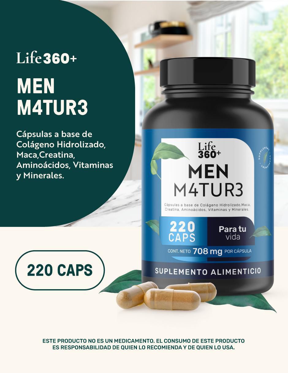 Men M4TUR3: Suplemento masculino a base de Colágeno, Maca, Creatina, Vitaminas y Minerales Life 360+ de 220 cápsulas 5