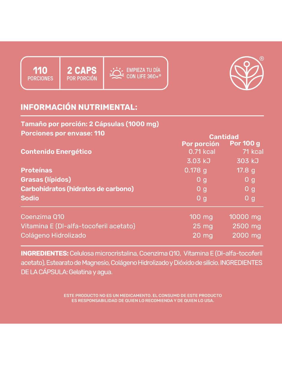 Skn q-10: colágeno hidrolizado con vitamina e y coenzima q10 life 360+ con colágeno hidrolizado sabor sin sabor de 220 cáp 12