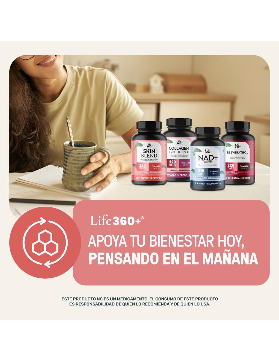 Skn q-10: colágeno hidrolizado con vitamina e y coenzima q10 life 360+ con colágeno hidrolizado sabor sin sabor de 220 cáp 15