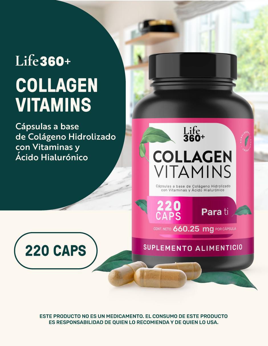 Collagen Vitamins: Colágeno hidrolizado + Vitaminas + Ácido fólico y Hialurónico Life 360+ de 220 cápsulas 5