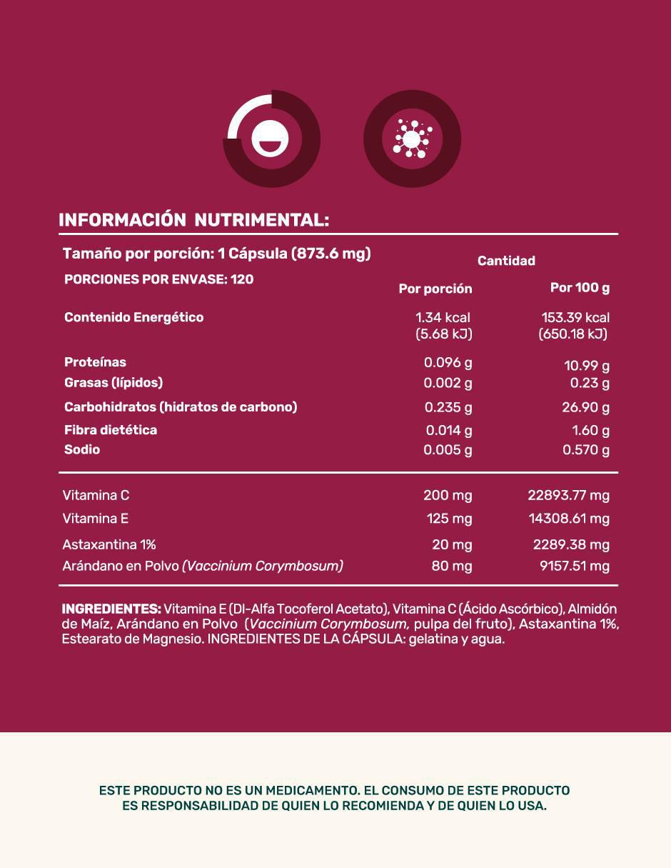 Antiox Mix: Suplemento a base de Axantina, arándano en polvo y Vitaminas Life 360+ de 120 cápsulas 2
