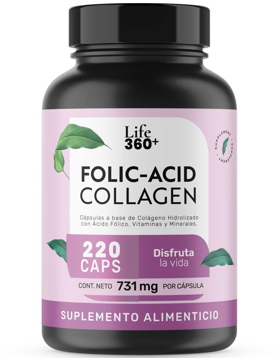 Folic-Acid Collagen: Colágeno hidrolizado + Ácido fólico + Vitaminas y minerales Life 360+ de 220 cápsulas