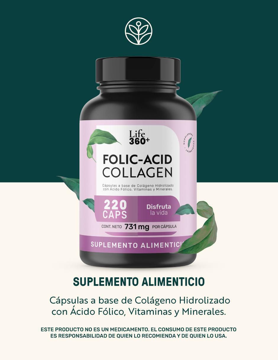 Folic-Acid Collagen: Colágeno hidrolizado + Ácido fólico + Vitaminas y minerales Life 360+ de 220 cápsulas 10