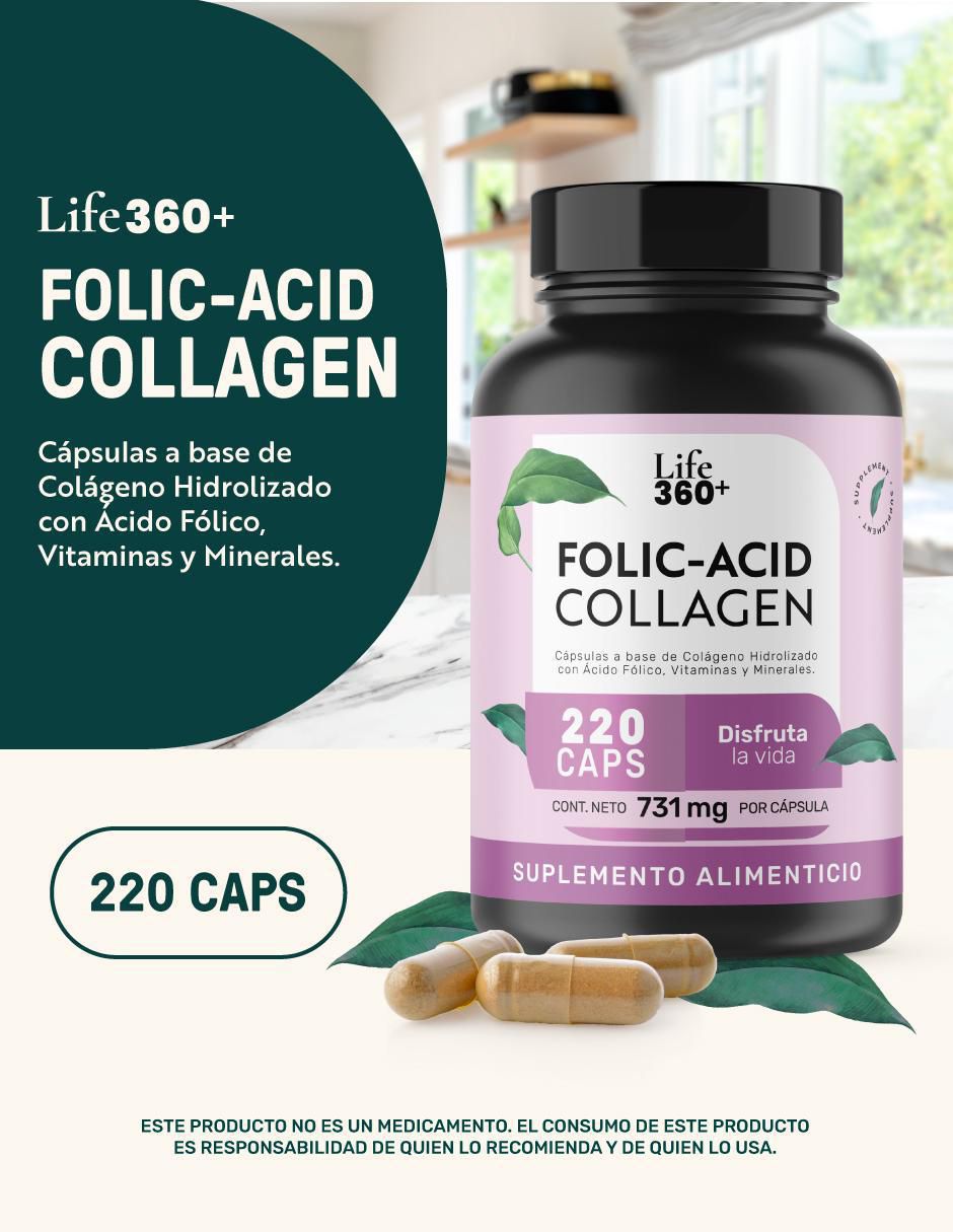 Folic-Acid Collagen: Colágeno hidrolizado + Ácido fólico + Vitaminas y minerales Life 360+ de 220 cápsulas 12