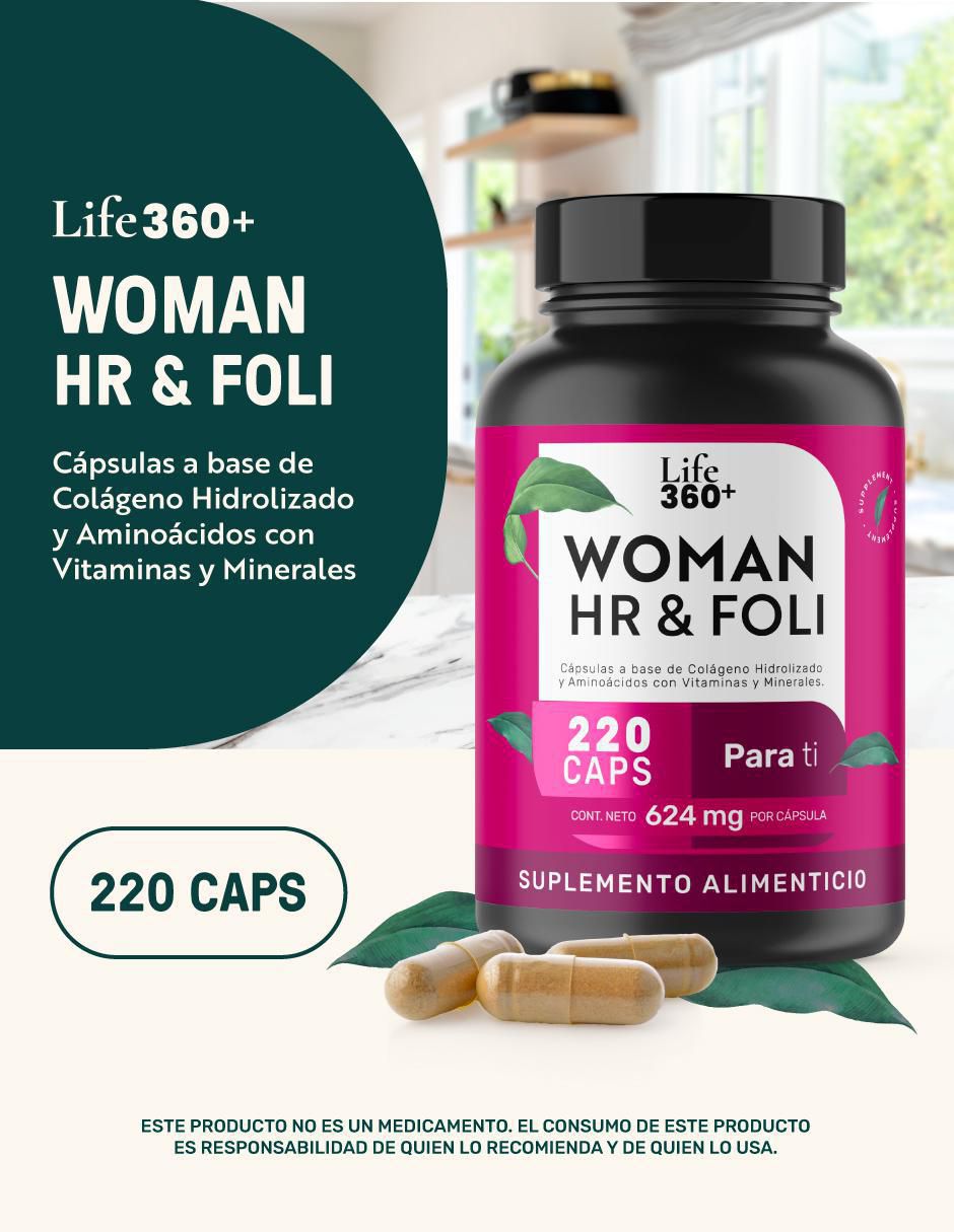 Woman Hr & Foli: Colágeno hidrolizado + Aminoácidos + Vitaminas y minerales Life 360+ de 220 cápsulas 4