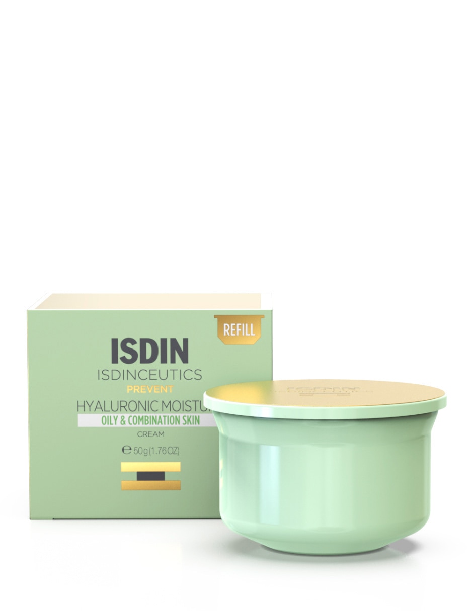 Crema facial recomendada para prevenir signos de la edad día y noche Hyaluronic Moisture Oily and Combination Skin Refill Isdin Isdinceutics para piel mixta y grasa