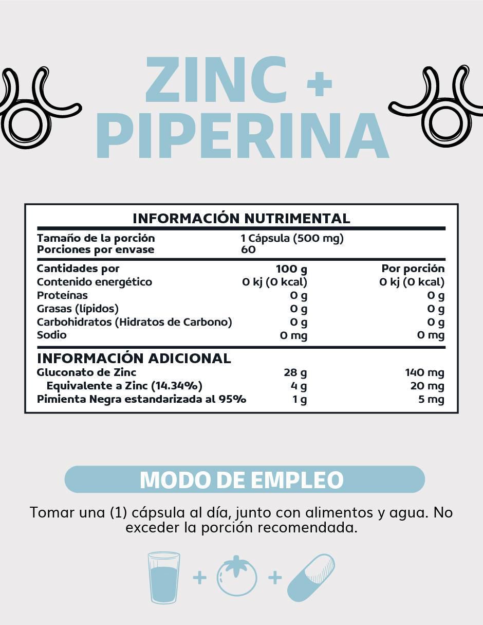Zinc (Gluconato de Zinc) Potenciado con Piperina Estandarizada de 60 cápsulas 4