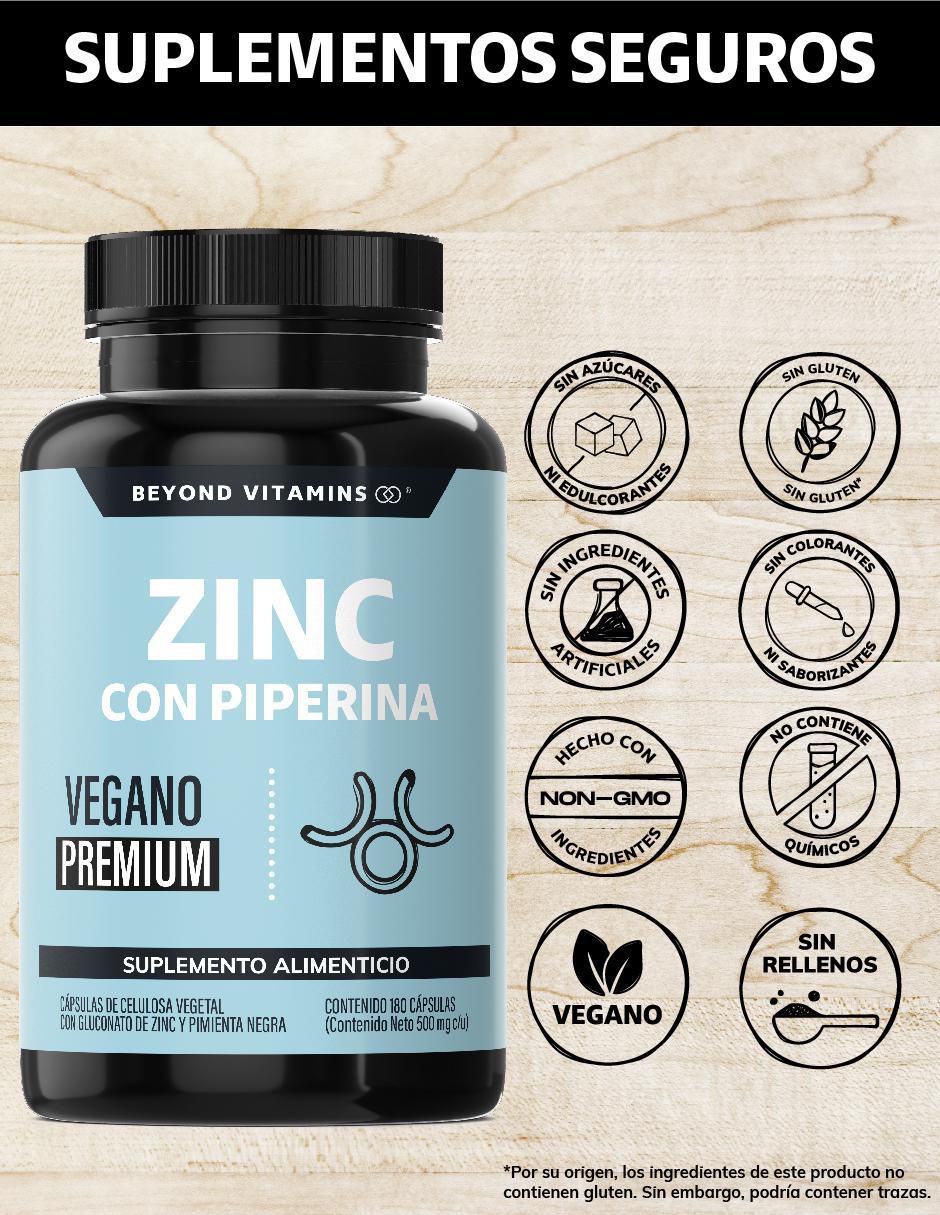 Zinc (Gluconato de Zinc) Potenciado con Piperina Estandarizada de 180 cápsulas 2