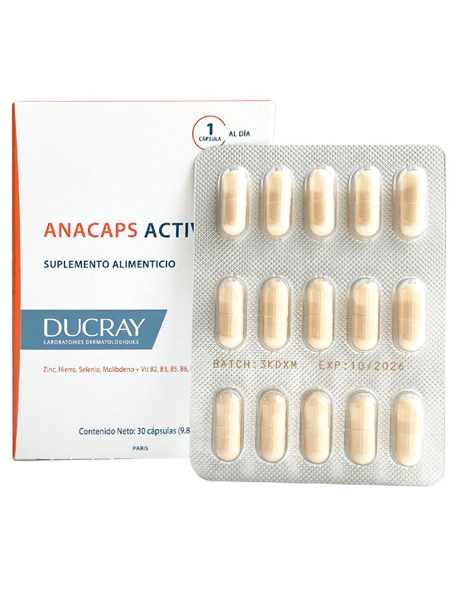 Anacaps Activ+ con zinc, hierro, selenio, molibdeno, vitamina b2, b3, b5, b6, b8, b9, c, e, pp