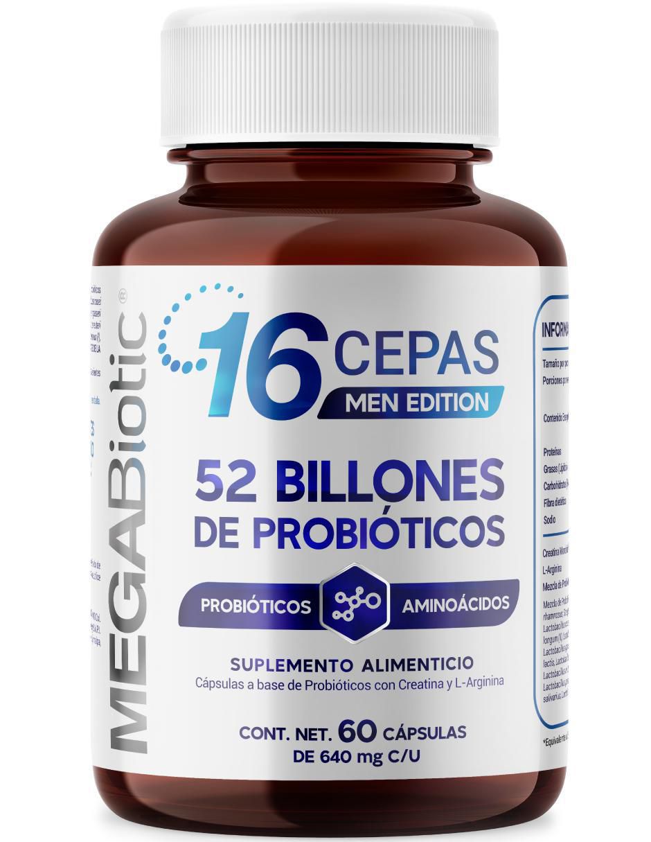 Probióticos y prebióticos con creatina men edition Megabiotic de 60 cápsulas