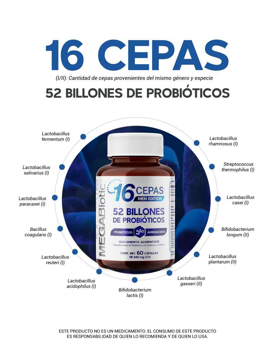 Probióticos y prebióticos con creatina men edition Megabiotic de 60 cápsulas 3