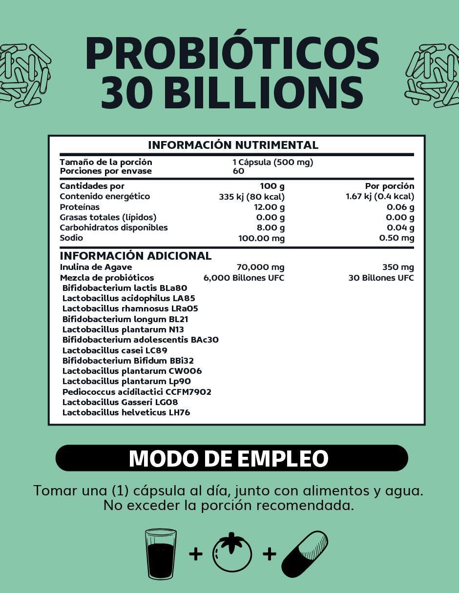 Probioticos 30 Billion Prebióticos Inulina de Agave 13 Cepas de 60 cápsulas 5