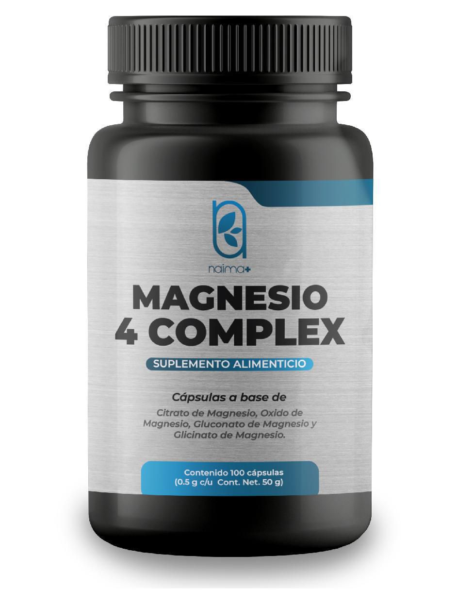 4 Magnesios Complex : Citrato de magnesio, Glicinato de magnesio, Gluconato de magnesio, Oxido de magnesio Naima con citrato de magnesio, glicinato de magnesio, gluconato de magnesio y óxido de magnesio de 100 cápsulas