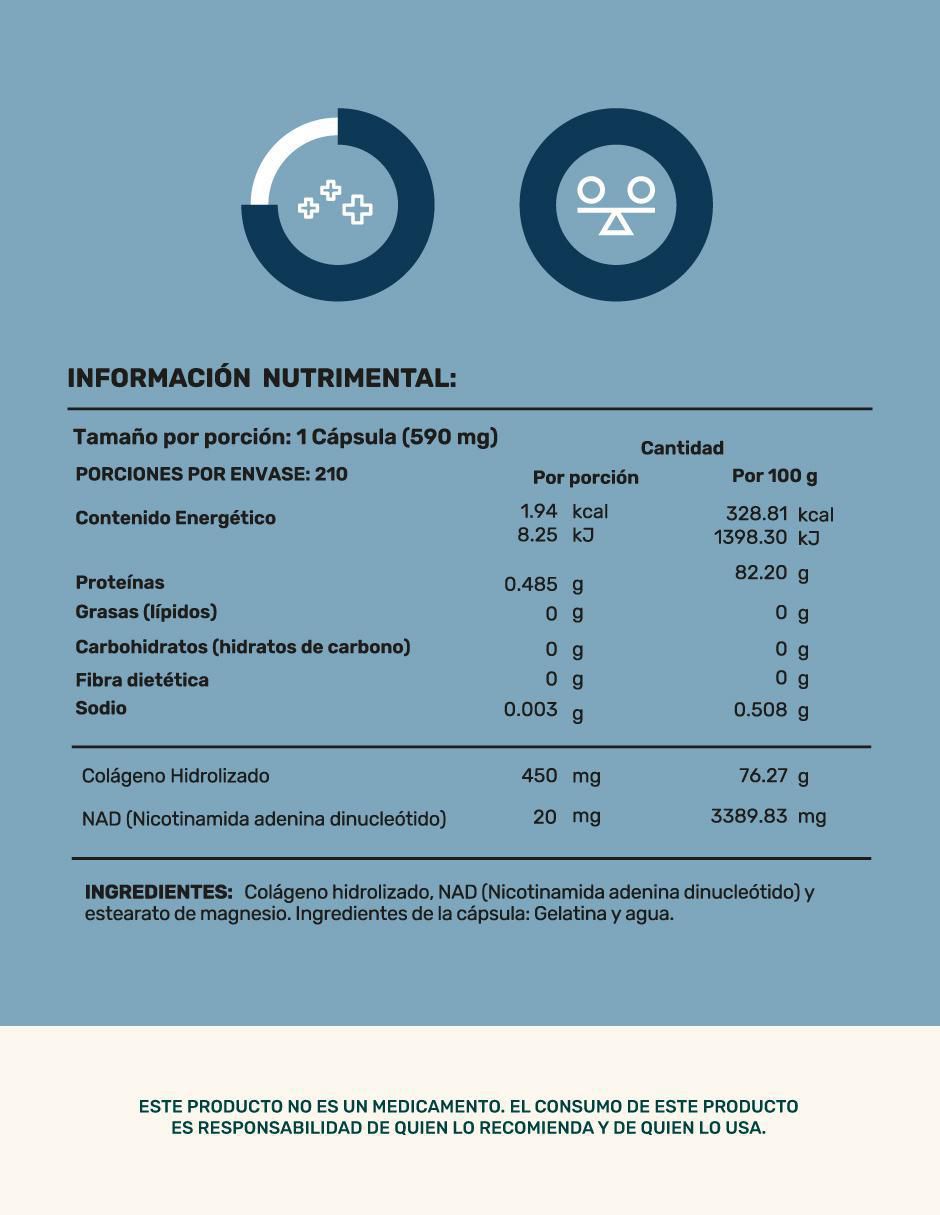 NAD (Nicotinamida Adenina Dinucleótido) + Colágeno Hidrolizado 210 Cápsulas 2