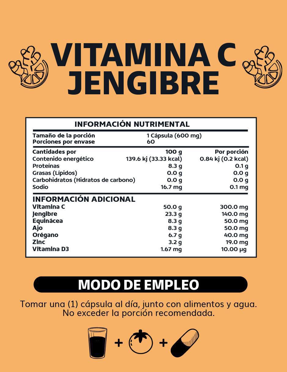 Vitamina C Jengibre Equinácea Ajo Orégano Zinc y Vitamina D3 de 60 cápsulas 5