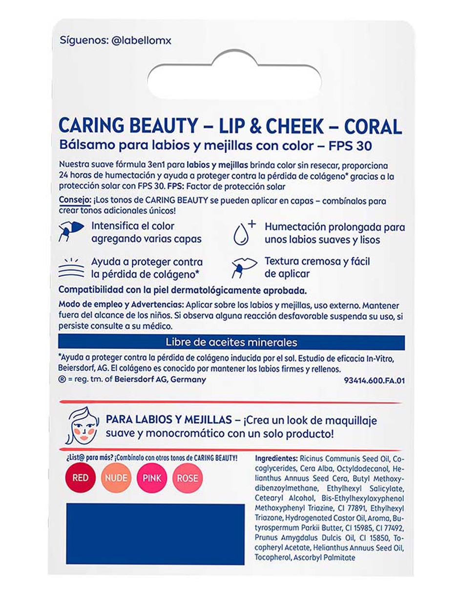 Bálsamo facial Caring Beauty Lip & Cheek Coral para hidratar 12