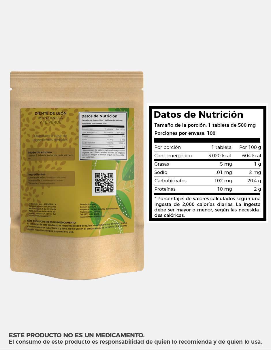 Diente de León Manzanilla y Té Verde con hoja de diente de león de 100 tabletas 2