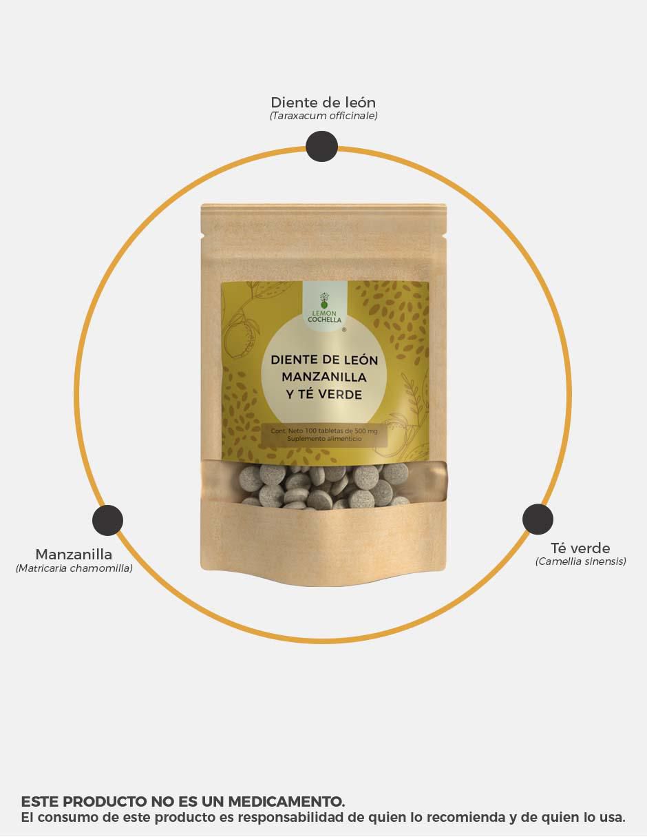 Diente de León Manzanilla y Té Verde con hoja de diente de león de 100 tabletas 4