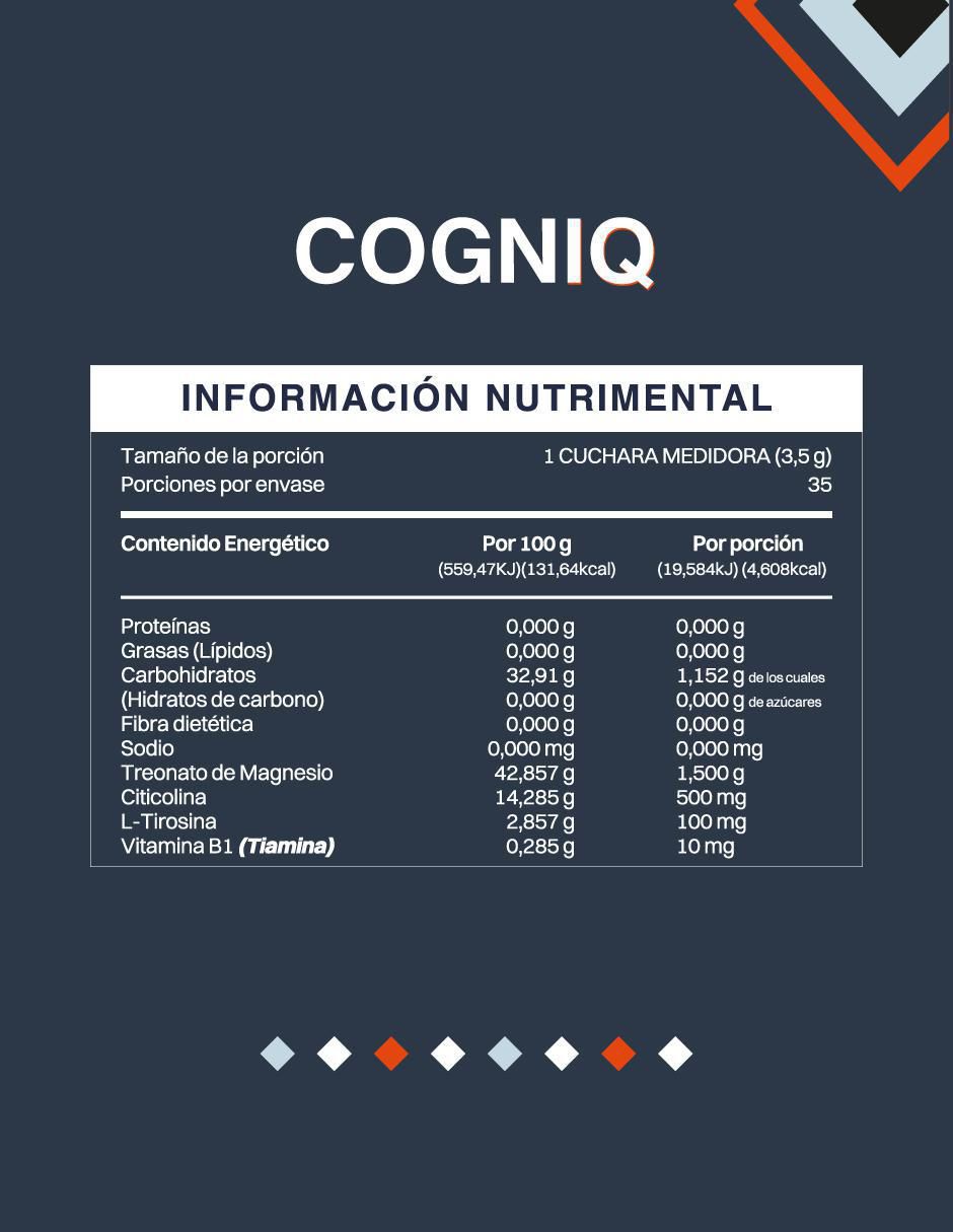 COGNIQ Suplemento Alimenticio Treonato de Magnesio y Citicolina con citrato de magnesio, citrato de potasio, calcio, gluconato de zinc, vitamina b6 y vitamina b2 sabor maracuyá de 125 g 2