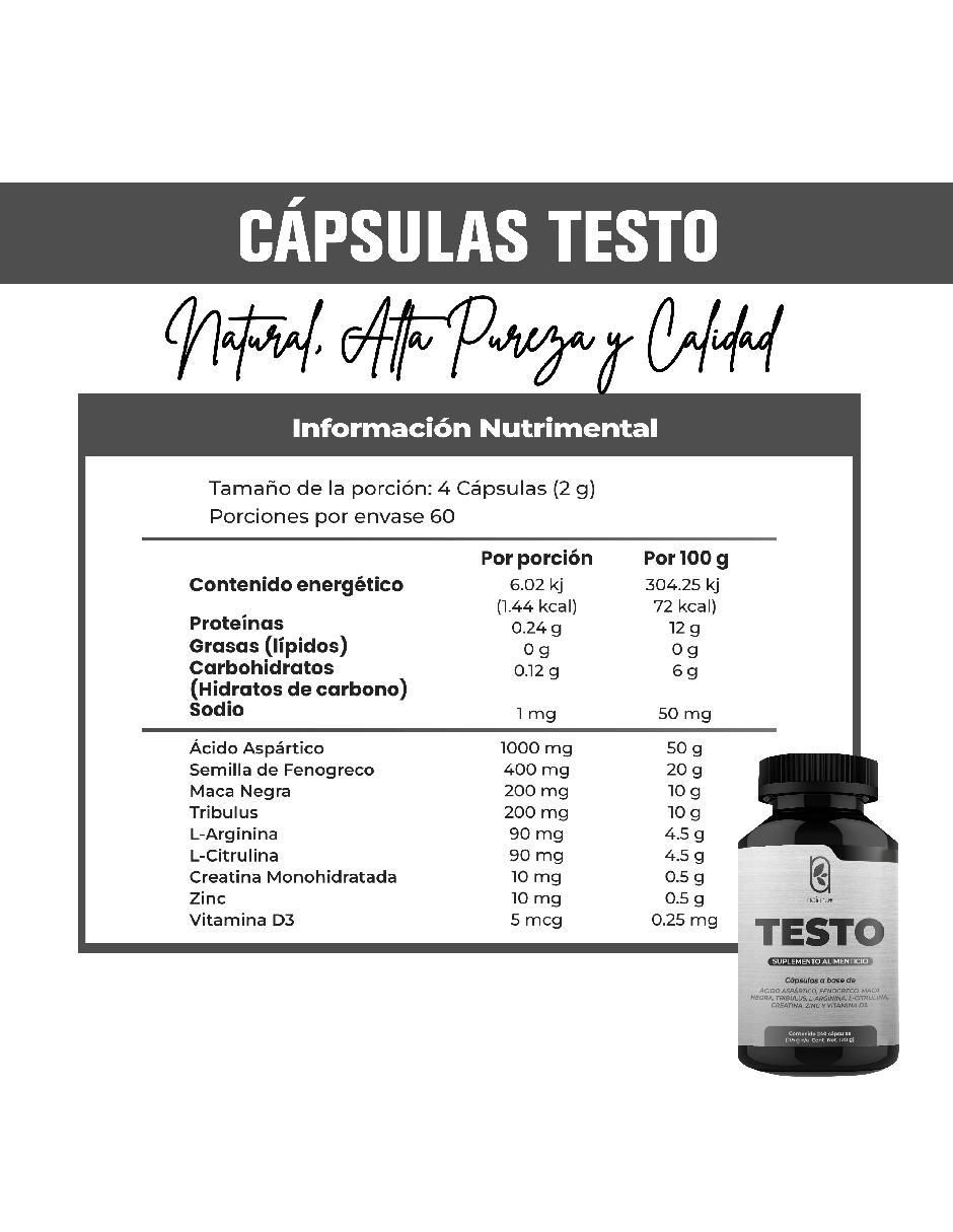 Testo con ácido aspártico, fenogreco, maca negra, tribulus, arginina, citrulina, zinc, creatina y d3 de 240 cápsulas 4
