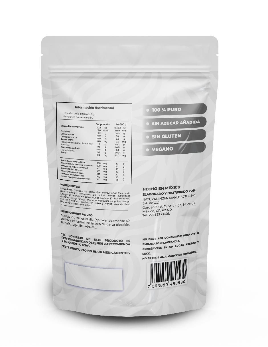 Mushroom Mix en Polvo con reishi, chaga, melena de león, maitake, shiitake, cola de pavo y cordyceps sabor natural de 100 g 2