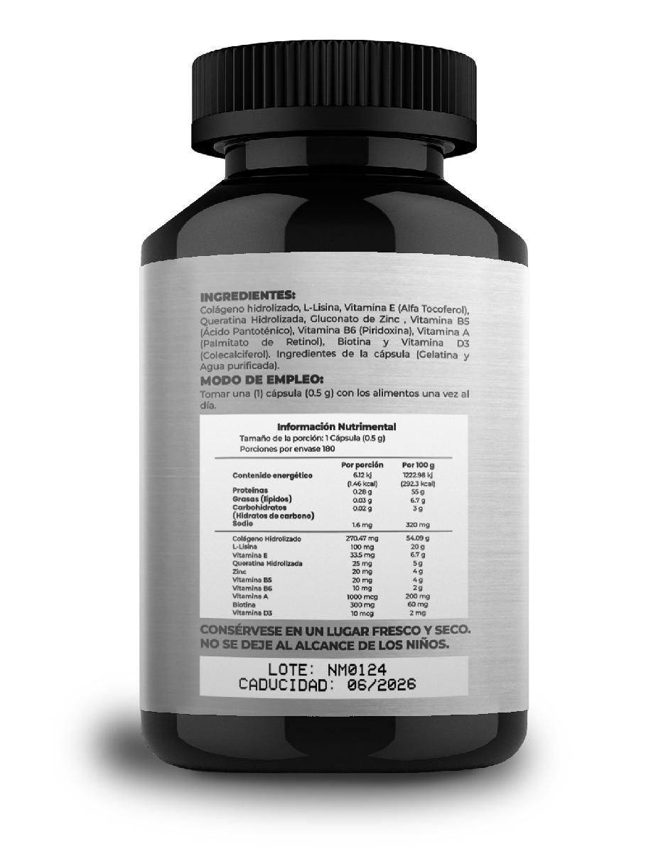 M HR Suplemento Alimenticio con colágeno, biotina, l-lisina, queratina, vitaminas y minerales de 180 cápsulas 3