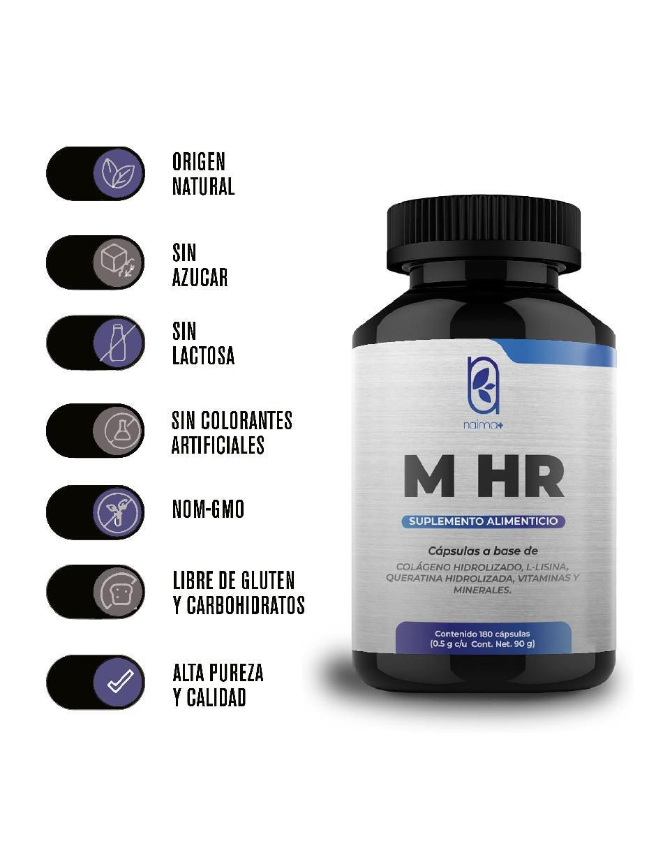 M HR Suplemento Alimenticio con colágeno, biotina, l-lisina, queratina, vitaminas y minerales de 180 cápsulas 7
