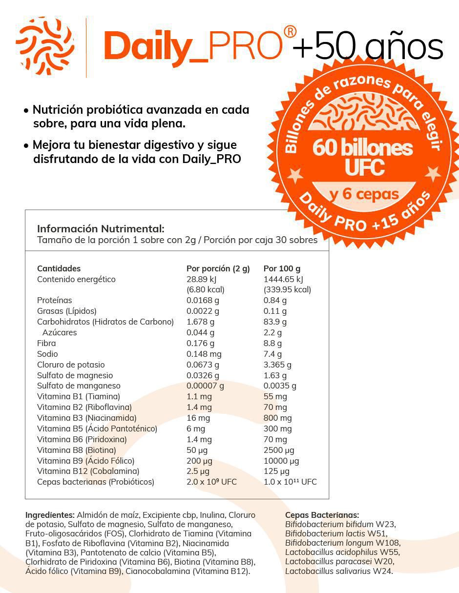 Daily_Pro Adultos +50 con probióticos 60 billones sabor vainilla de 30 piezas 2