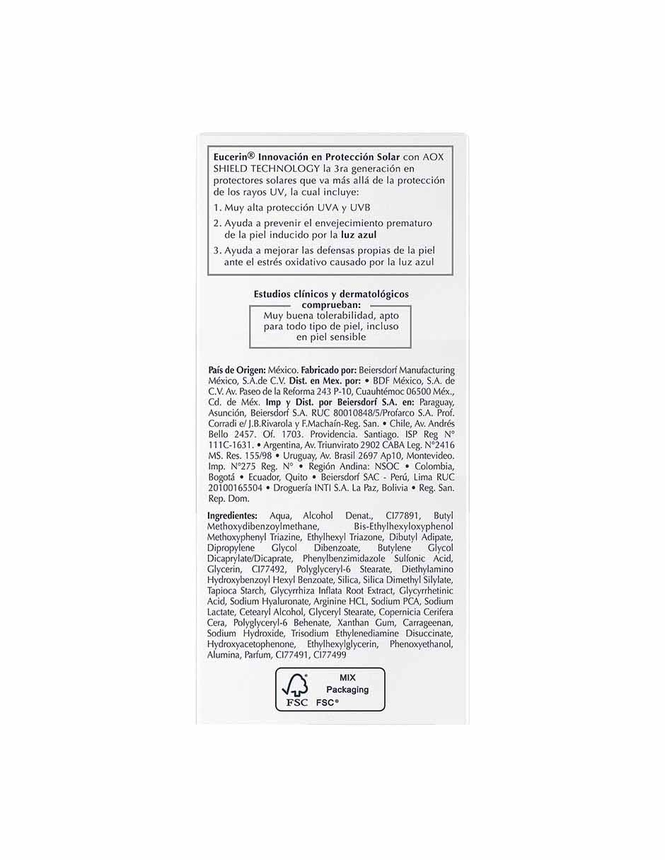 Tratamiento facial Sun Hydrofluid Tono Medio FPS50+ Eucerin Sun para eliminar el brillo 10