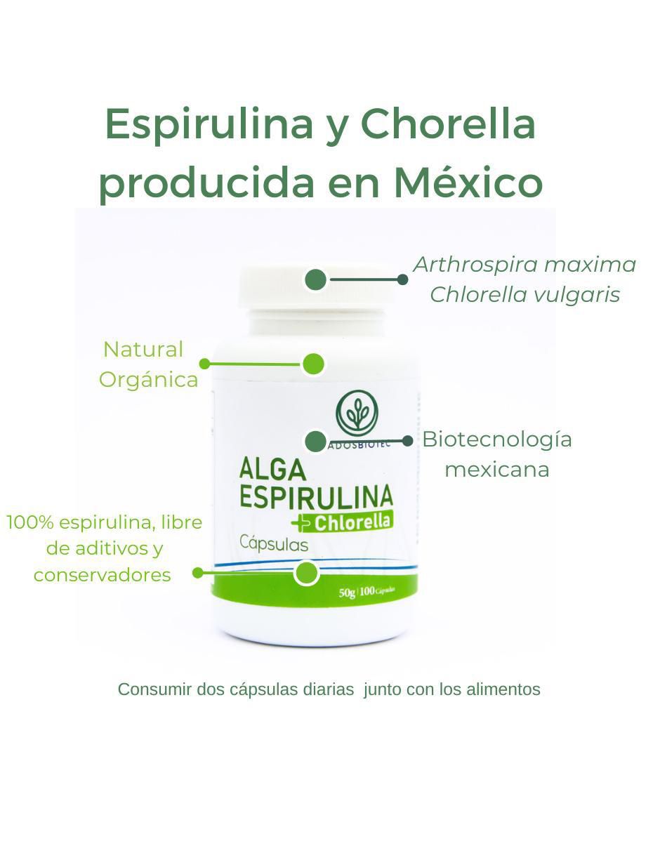 Alga Espirulina + Chlorella cápsulas con Ingredientes naturales Sin conservadores ni aditivos 50 g Hadosbiotec con alga espirulina de 100 cápsulas 2