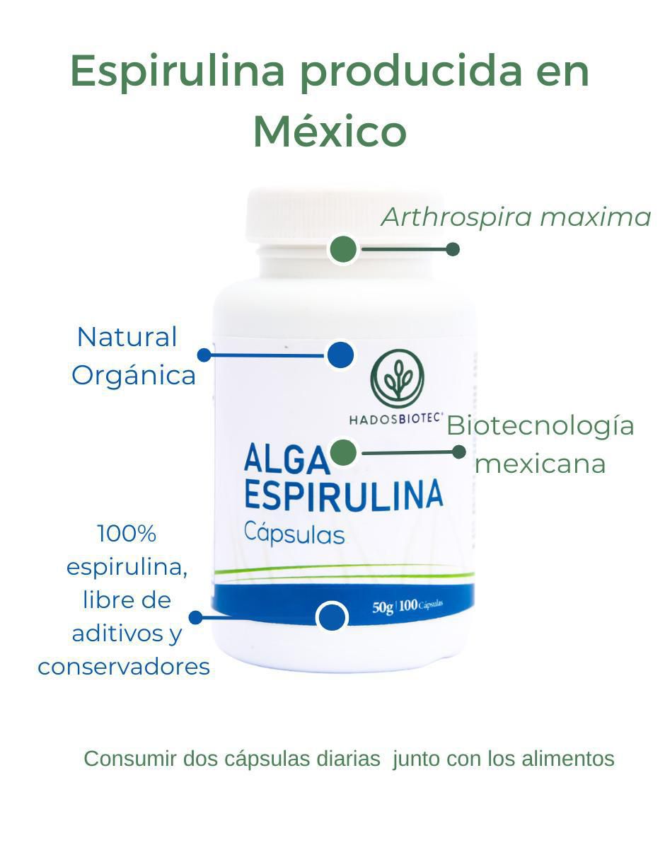 Alga Espirulina cápsulas con Ingredientes naturales 100% Alga Espirulina maxima Sin conservadores ni aditivos 50 gr Hadosbiotec con alga espirulina de 100 cápsulas 2