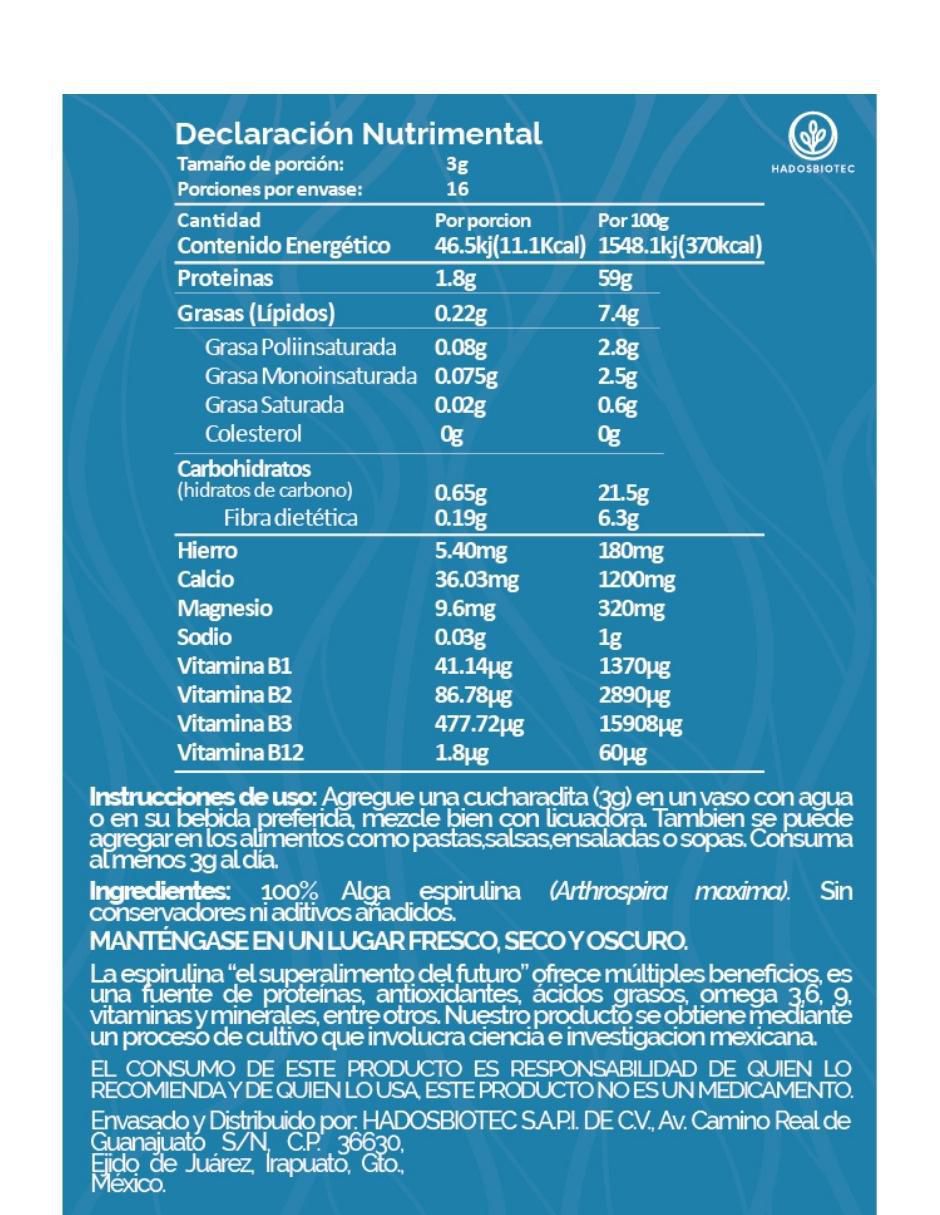 Alga Espirulina en polvo con Ingredientes naturales 100% Alga Espirulina Sin conservadores ni aditivos 100 g Hadosbiotec con alga espirulina de 100 g 5