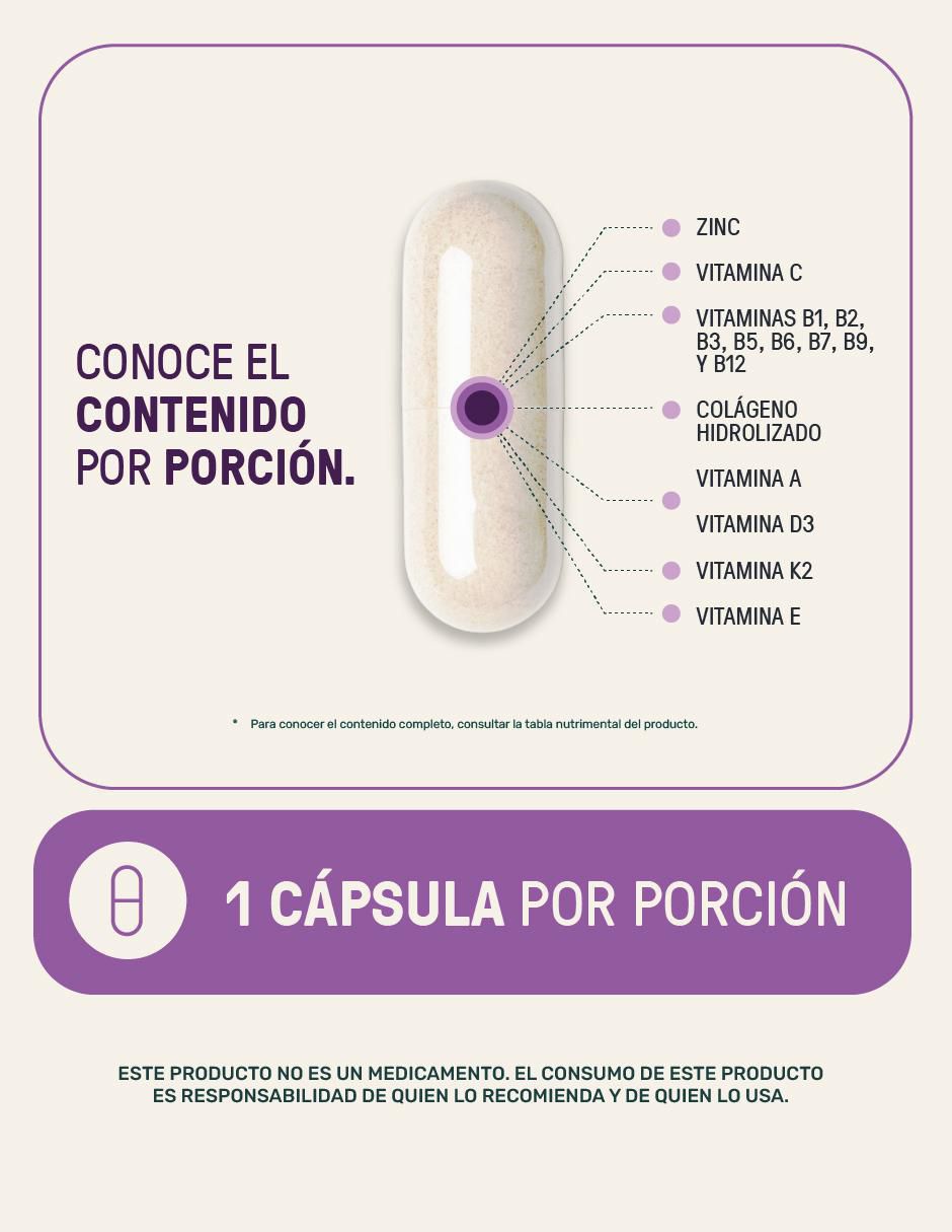 Multivitamínico para Mujer con Colágeno Hidrolizado, Biotina, Ácido Fólico, Vitamina A, C, D, B12 y Zinc, 80 Cápsulas. 4