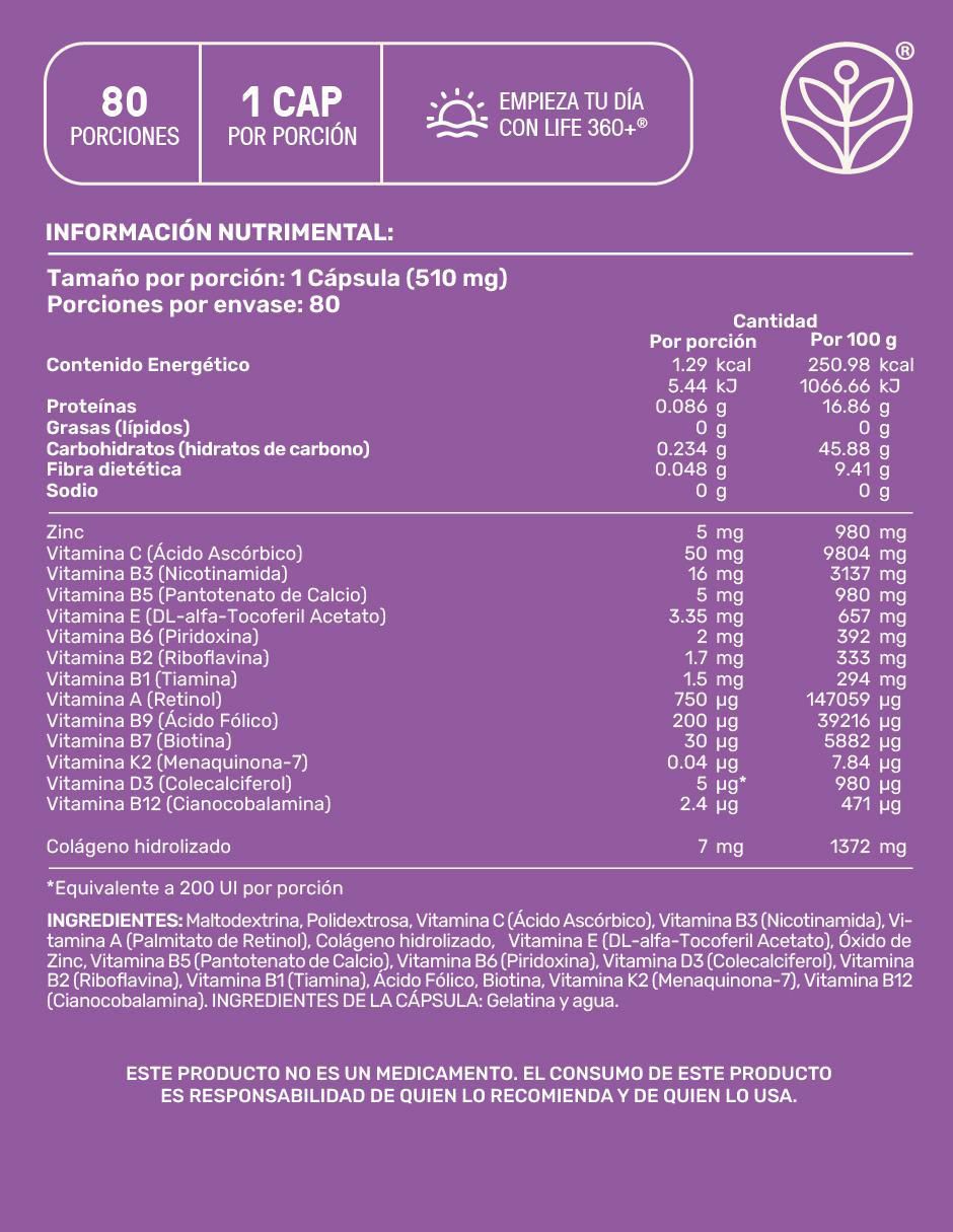 Multivitamínico para Mujer con Colágeno Hidrolizado, Biotina, Ácido Fólico, Vitamina A, C, D, B12 y Zinc, 80 Cápsulas. 8