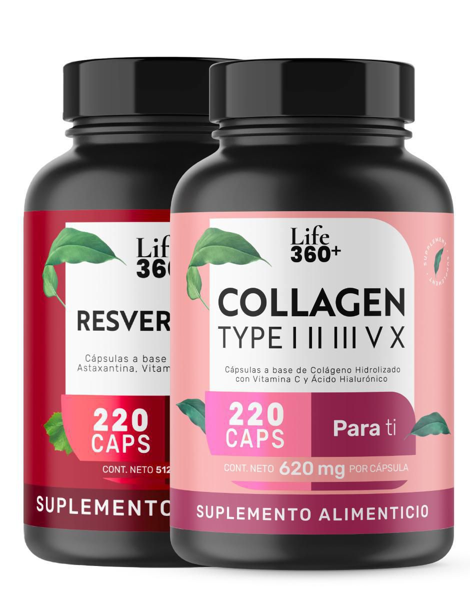 Pack Resveratrol + Colágeno Tipo I,II,III,V y X con ácido hialurónico de 220 cápsulas Pack Resveratrol + Colágeno Tipo I,II,III,V y X con ácido hialurónico de 220 cápsulas