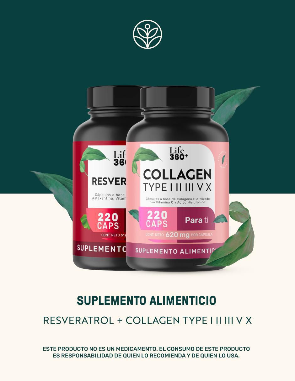 Pack Resveratrol + Colágeno Tipo I,II,III,V y X con ácido hialurónico de 220 cápsulas 2
