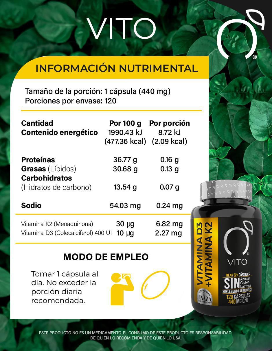 Deka 32 con vitamina d3 + k2, aceite de semilla de linaza de 120 cápsulas 4