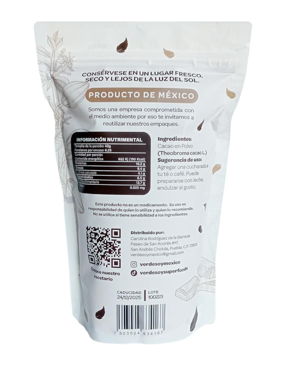 Cacao en polvo orgánico con vitaminas y minerales sabor cacao de 250 g 2