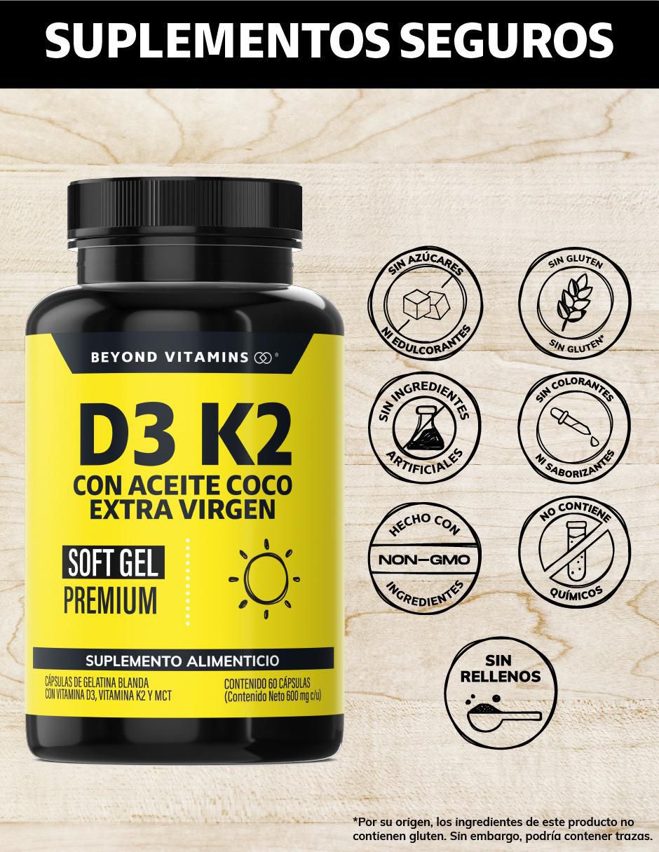 Vitamina D3 Vitamina K2 Aceite de Coco Soft Gel de 60 cápsulas 2