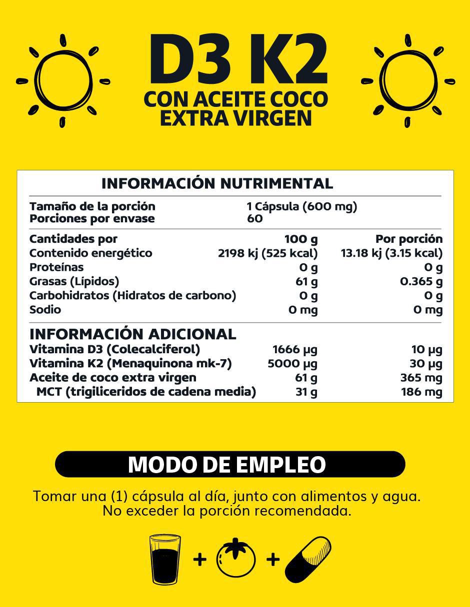 Vitamina D3 Vitamina K2 Aceite de Coco Soft Gel de 60 cápsulas 5