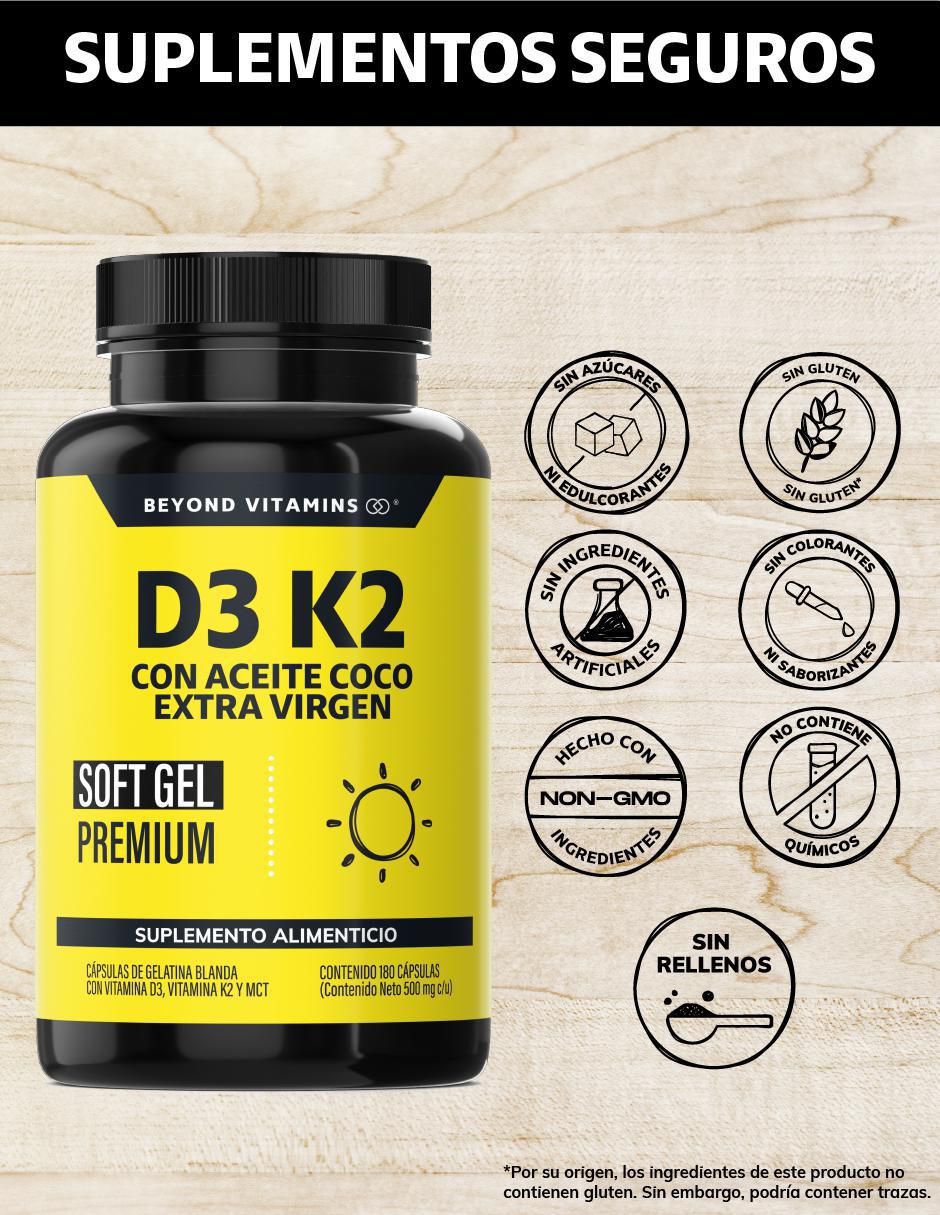 Vitamina D3 Vitamina K2 Aceite de Coco Soft Gel de 180 cápsulas 2