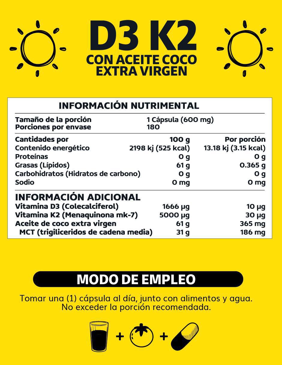Vitamina D3 Vitamina K2 Aceite de Coco Soft Gel de 180 cápsulas 5