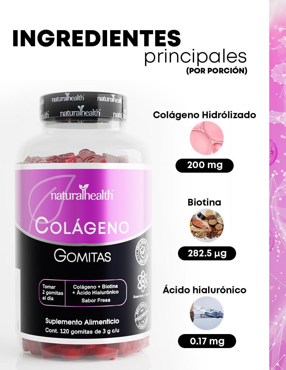 Gomitas de Colágeno, Biotina y Ácido Hialurónico Natural Health sabor fresa de 360 g 4