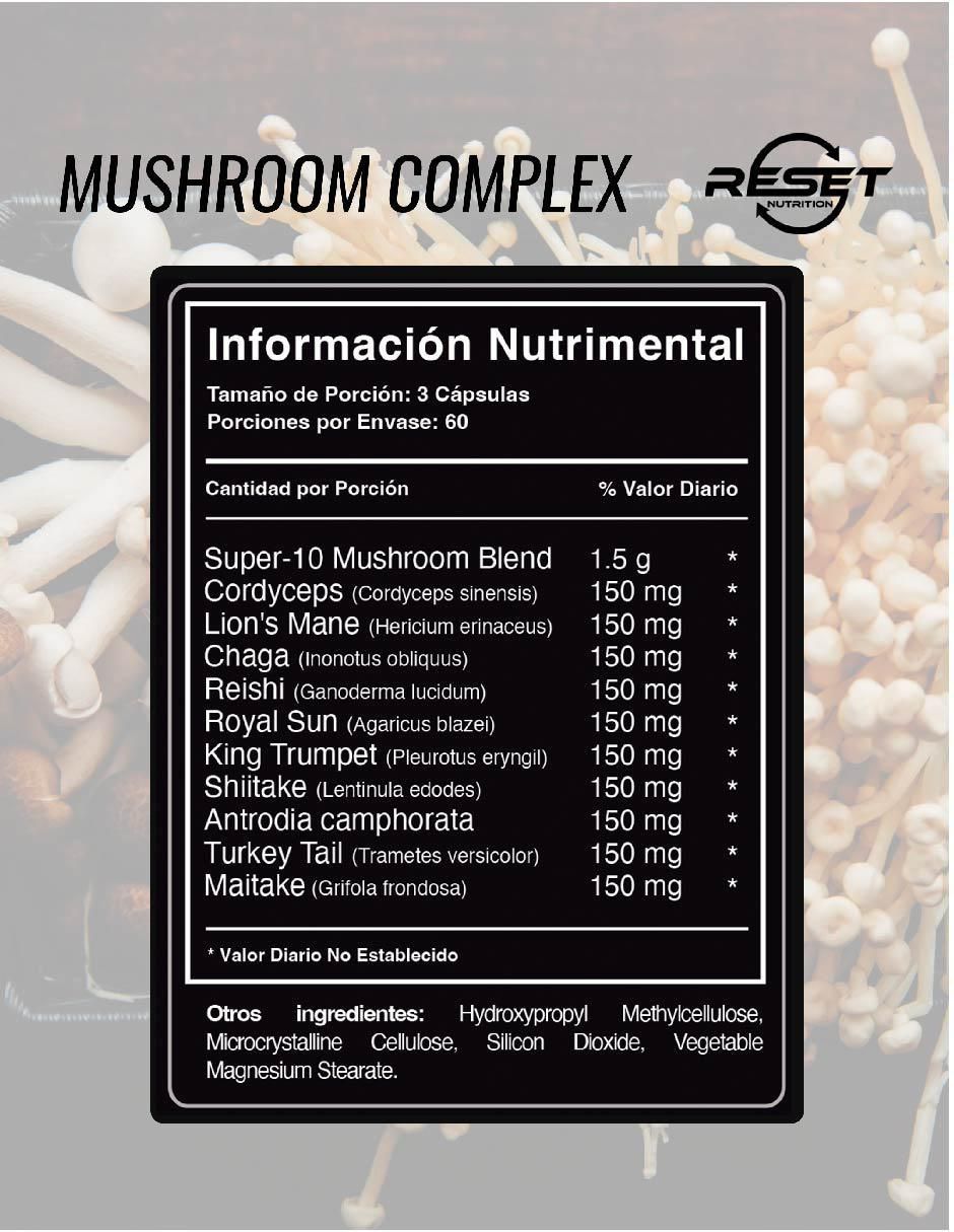 Mushroom Complex – 10 Hongos Adaptógenos para Energía, Memoria, Inmunidad y Antioxidantes Reset Nutrition con hongos cola de pavo reishi maitake shiitake y chaga 2