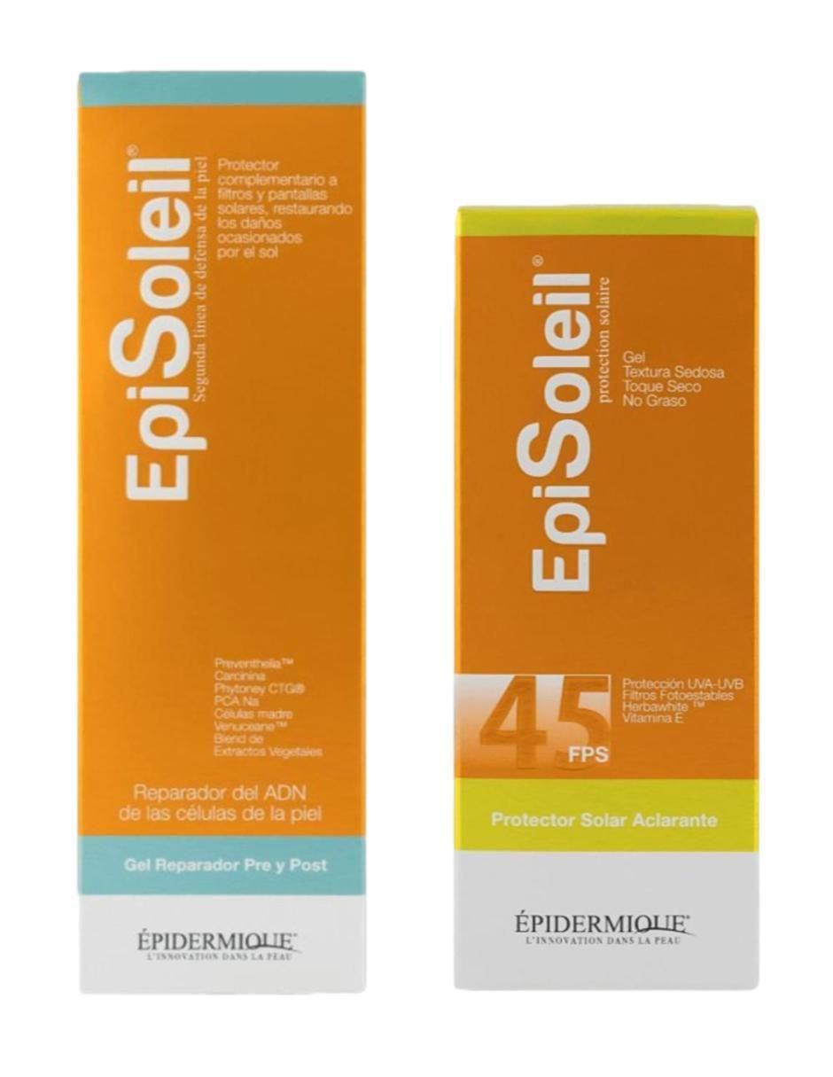 Kit tratamiento facial Épisoleil Fps 45 y Gel Reparador Pre y Post reparador Épidermique 2