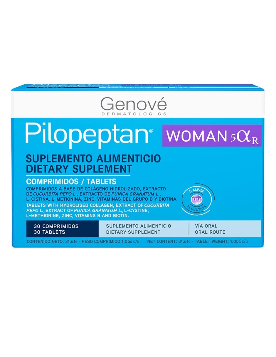 woman 5 alpha r pilopeptan con comprimidos a base de colágeno hidrolizado,extracto de curcubita pepo l.,extracto de punica granatum l.,l-cistina,l-metionna,zinc,vitaminas del grupo b y biotina