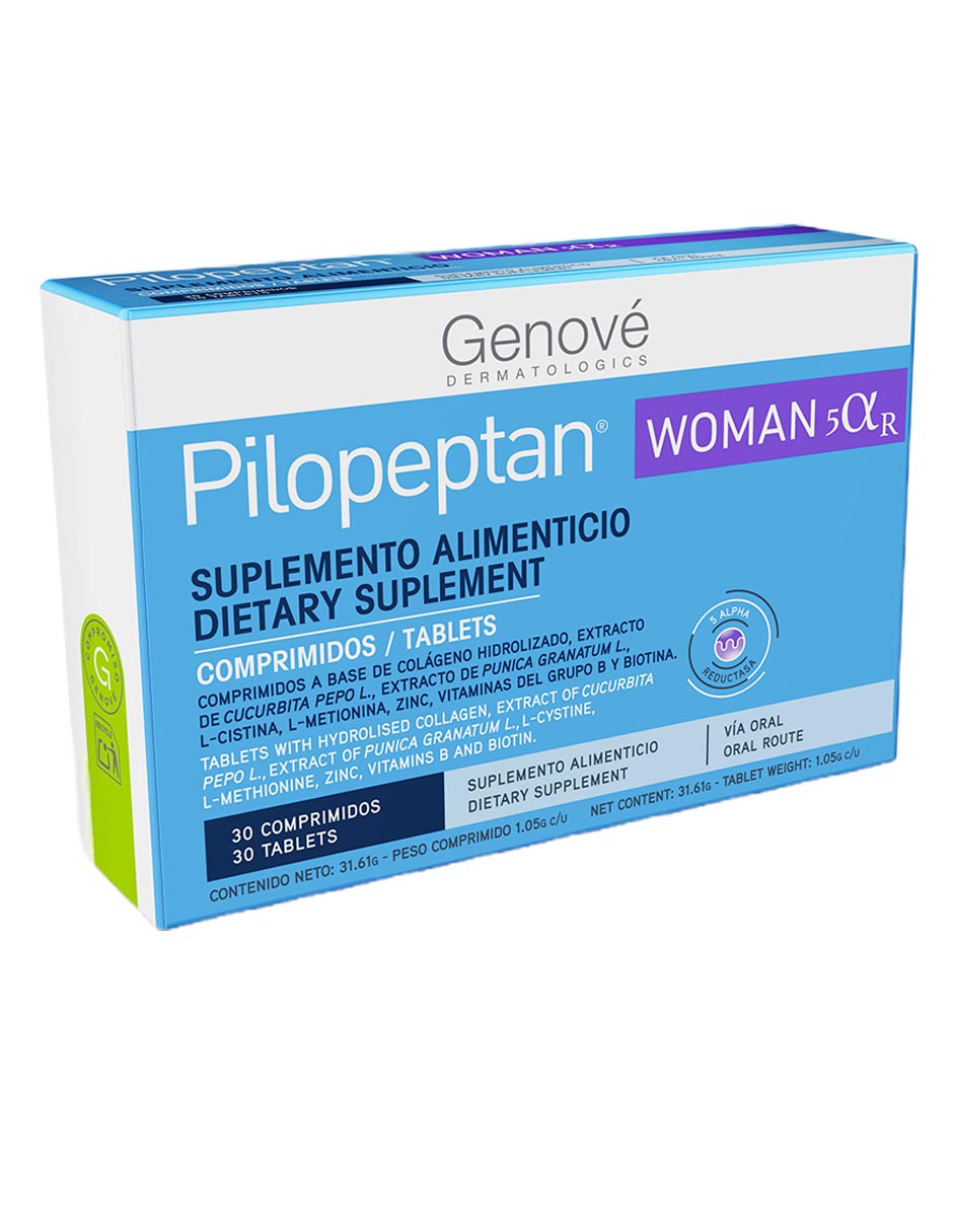 woman 5 alpha r pilopeptan con comprimidos a base de colágeno hidrolizado,extracto de curcubita pepo l.,extracto de punica granatum l.,l-cistina,l-metionna,zinc,vitaminas del grupo b y biotina 4