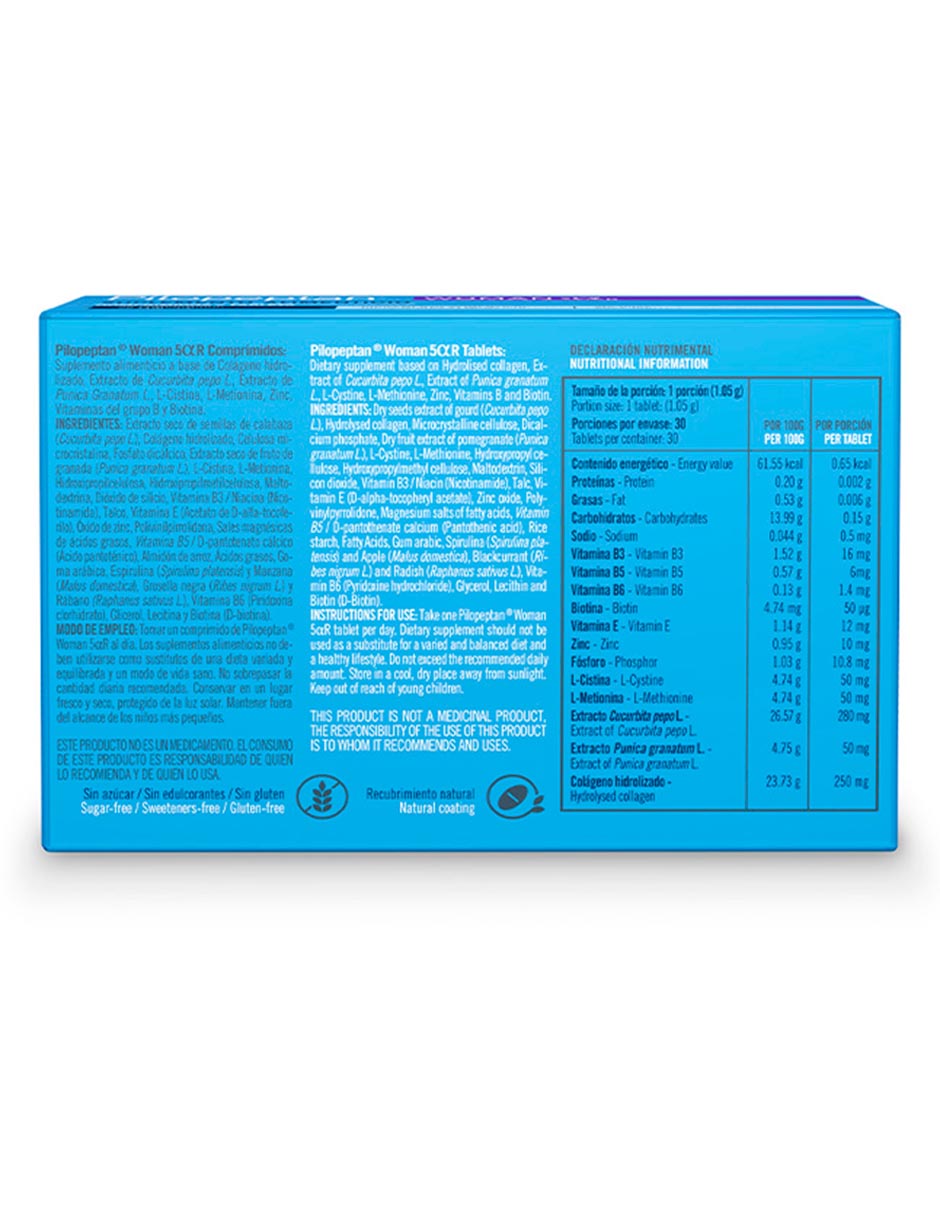woman 5 alpha r pilopeptan con comprimidos a base de colágeno hidrolizado,extracto de curcubita pepo l.,extracto de punica granatum l.,l-cistina,l-metionna,zinc,vitaminas del grupo b y biotina 5
