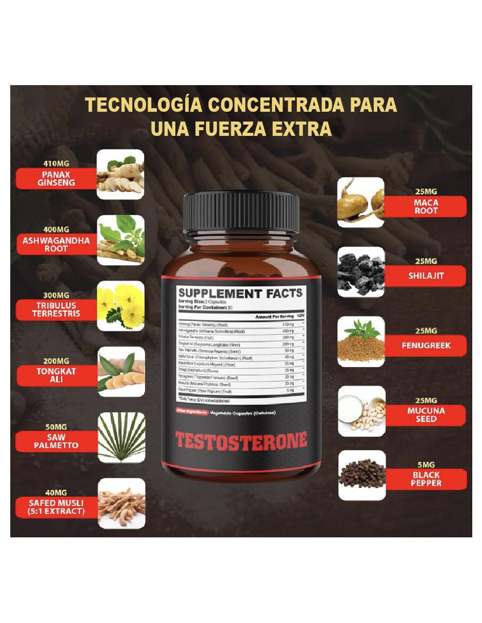 Testosterona con fenogreco, maca negra y tribulus de 60 cápsulas 7