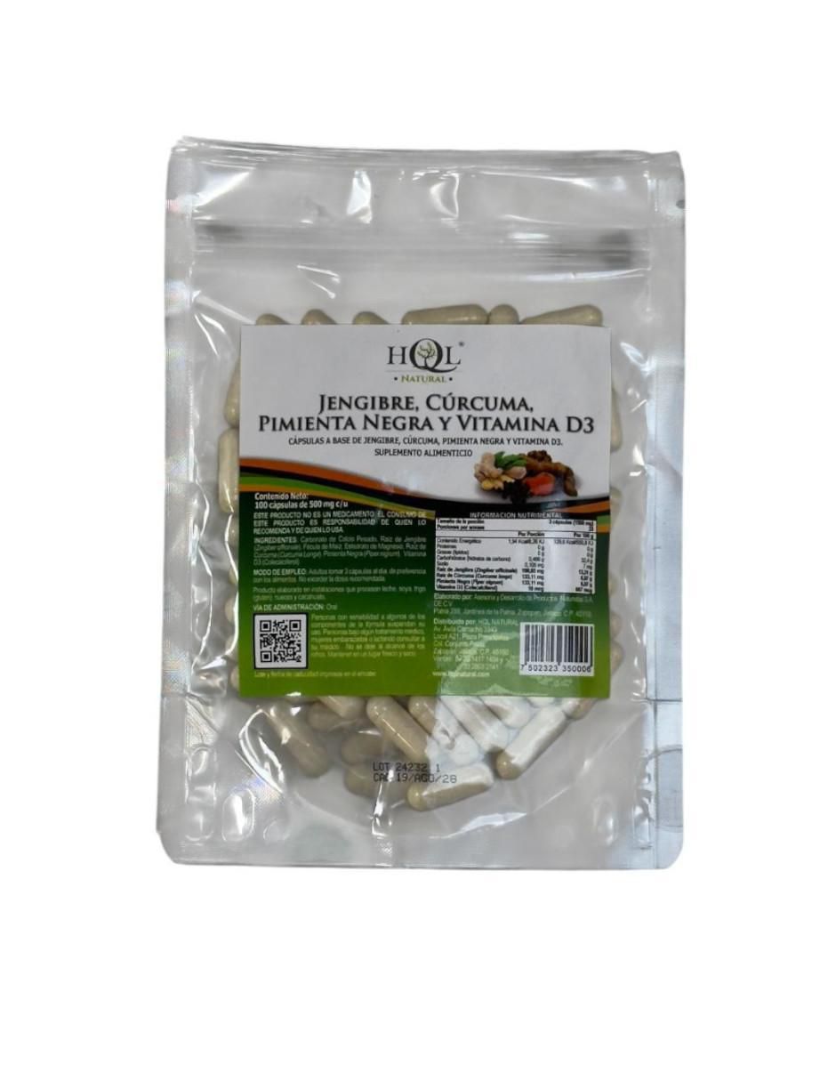 Jengibre, Cúrcuma, Pimienta Negra y Vitamina D3 con jengibre de 100 cápsulas 3